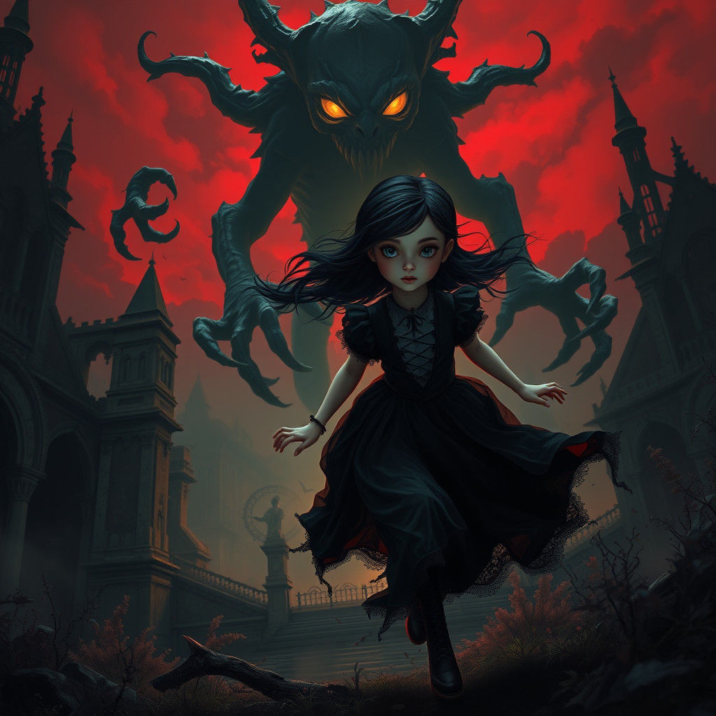 Gothic Girl's Flight in Dark Fantasy Realm