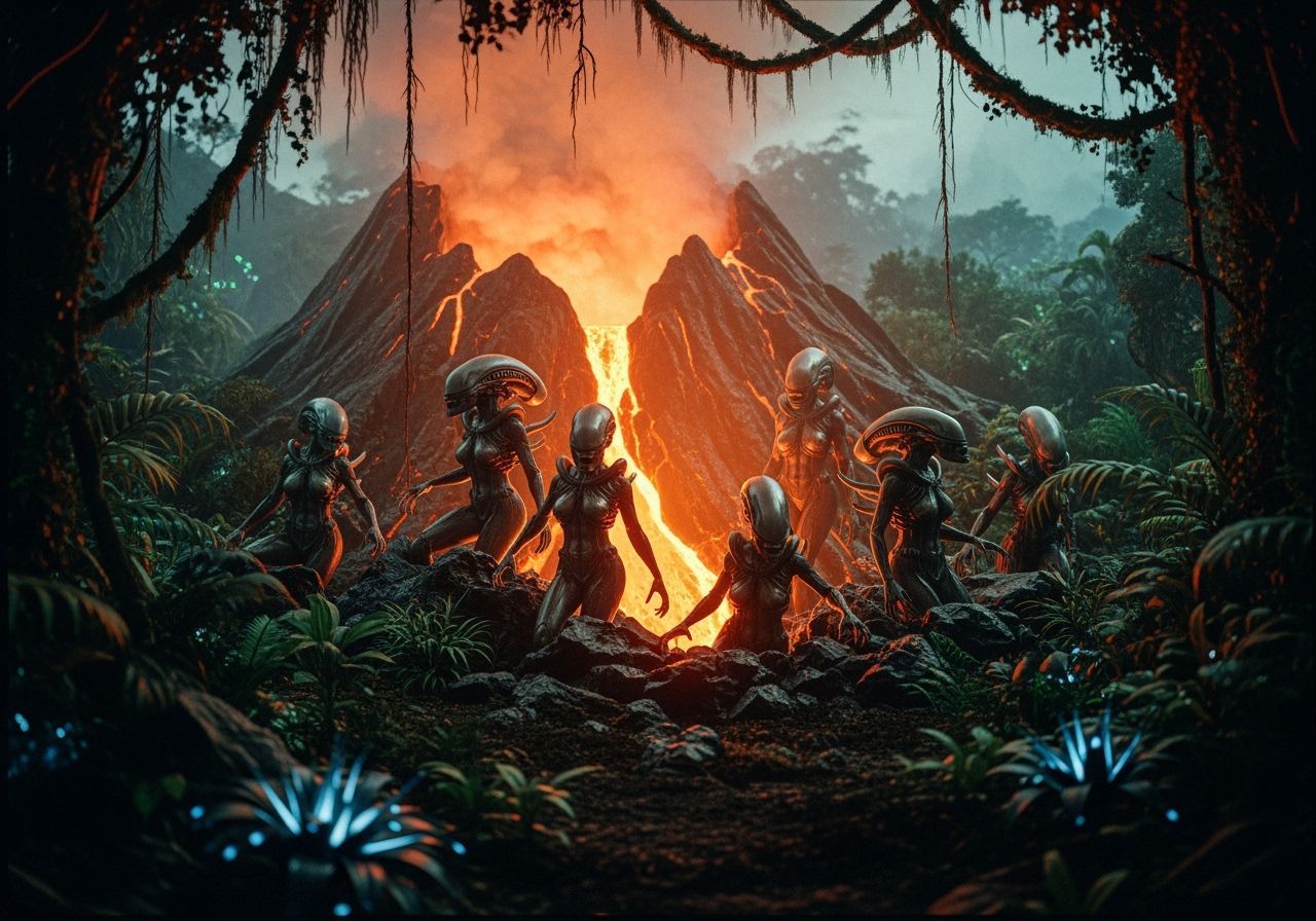 Xenomorph Women Emerge from Volcanic Nest