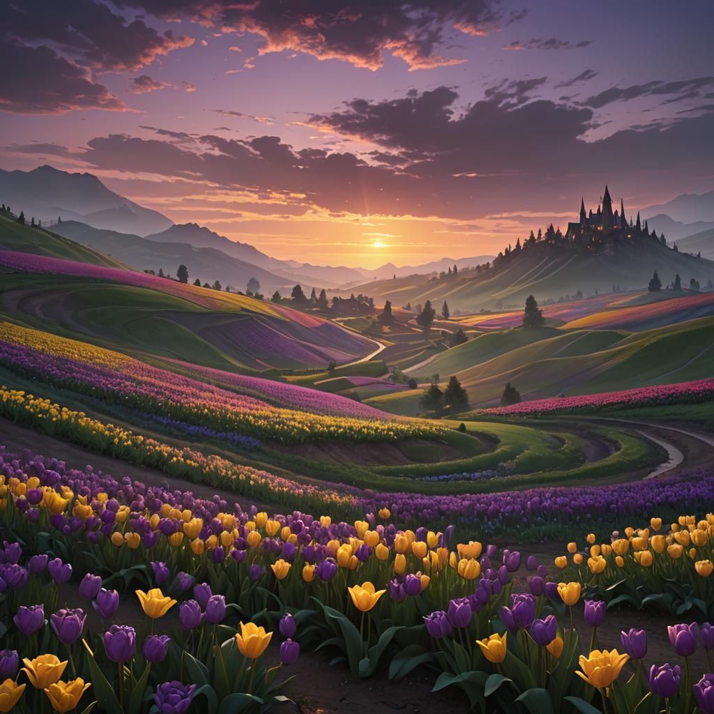Tulip Sunset: Dark Fantasy Art Nouveau Digital Painting