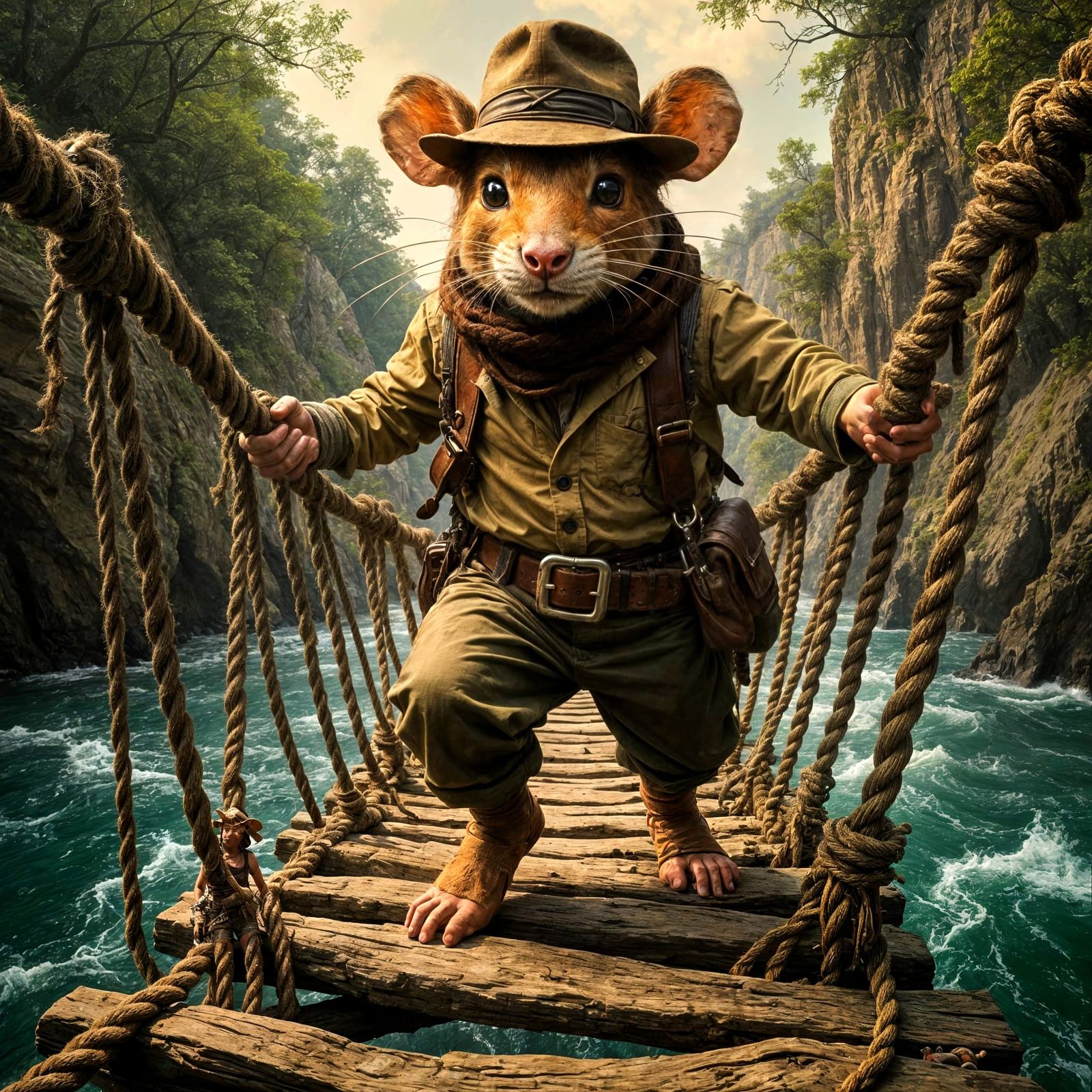 Mouse Explorer Crossing a Perilous Bridge as Oil Painting