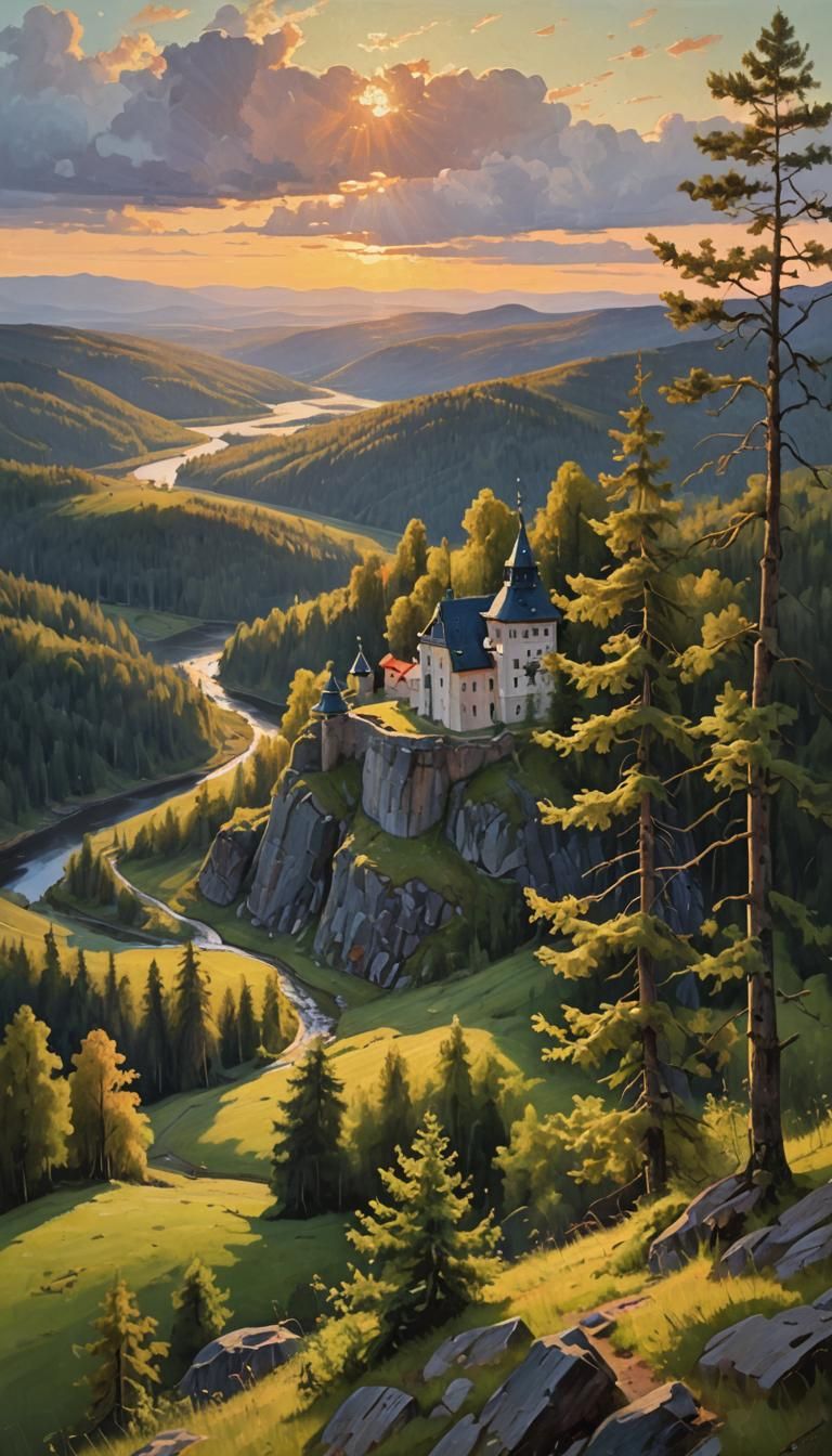Finnish Castle in Valley at Sunset: Oil Painting