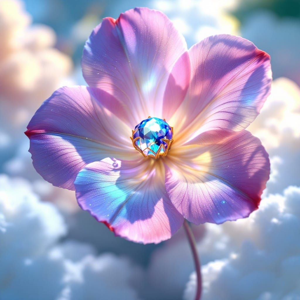 Surreal Pastel Flower Unfolds with Crystal Blue Gem and Soft...
