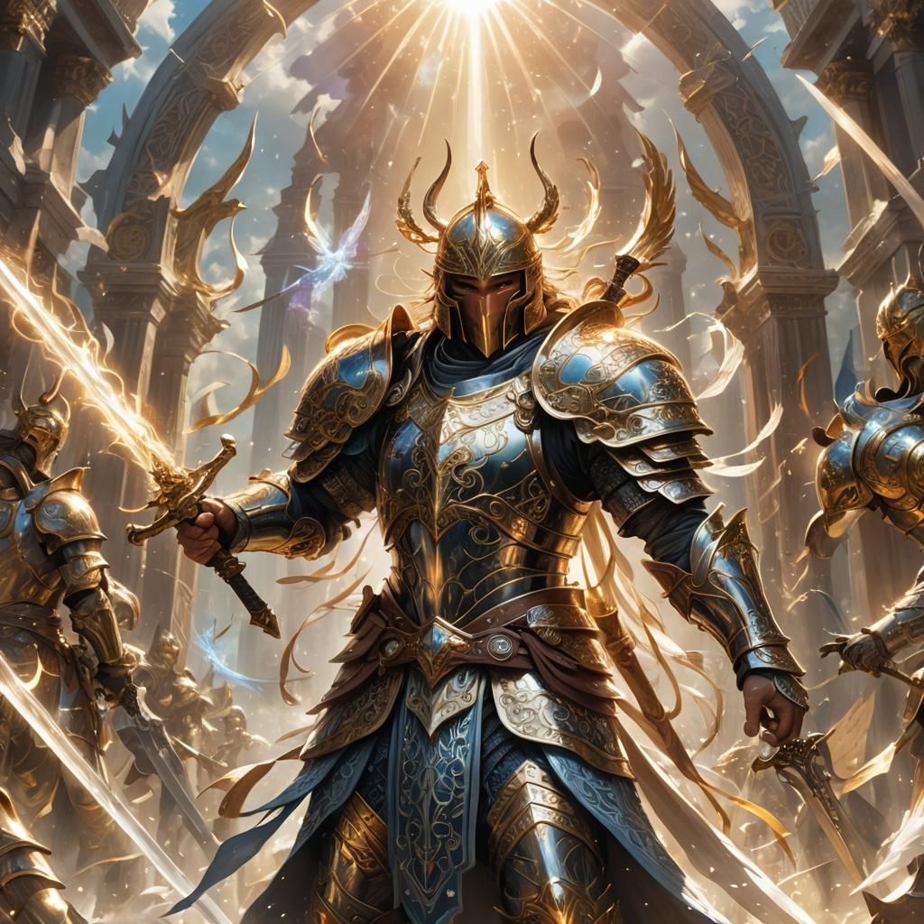 Warrior Awakens Swords in Ethereal Divine Light