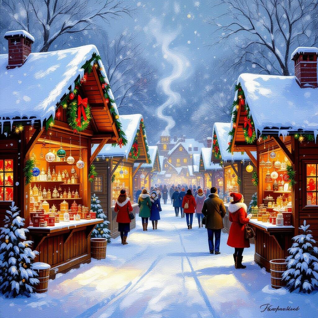 Vibrant Christmas Market Scene in Oil Painting Style