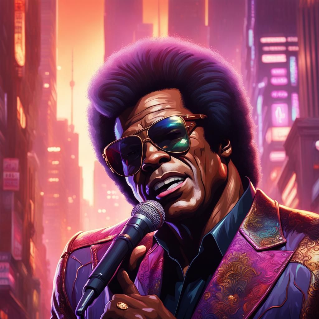 Cyberpunk James Brown, african american singer, style of The Big Payback, oil painting, velvet painting,