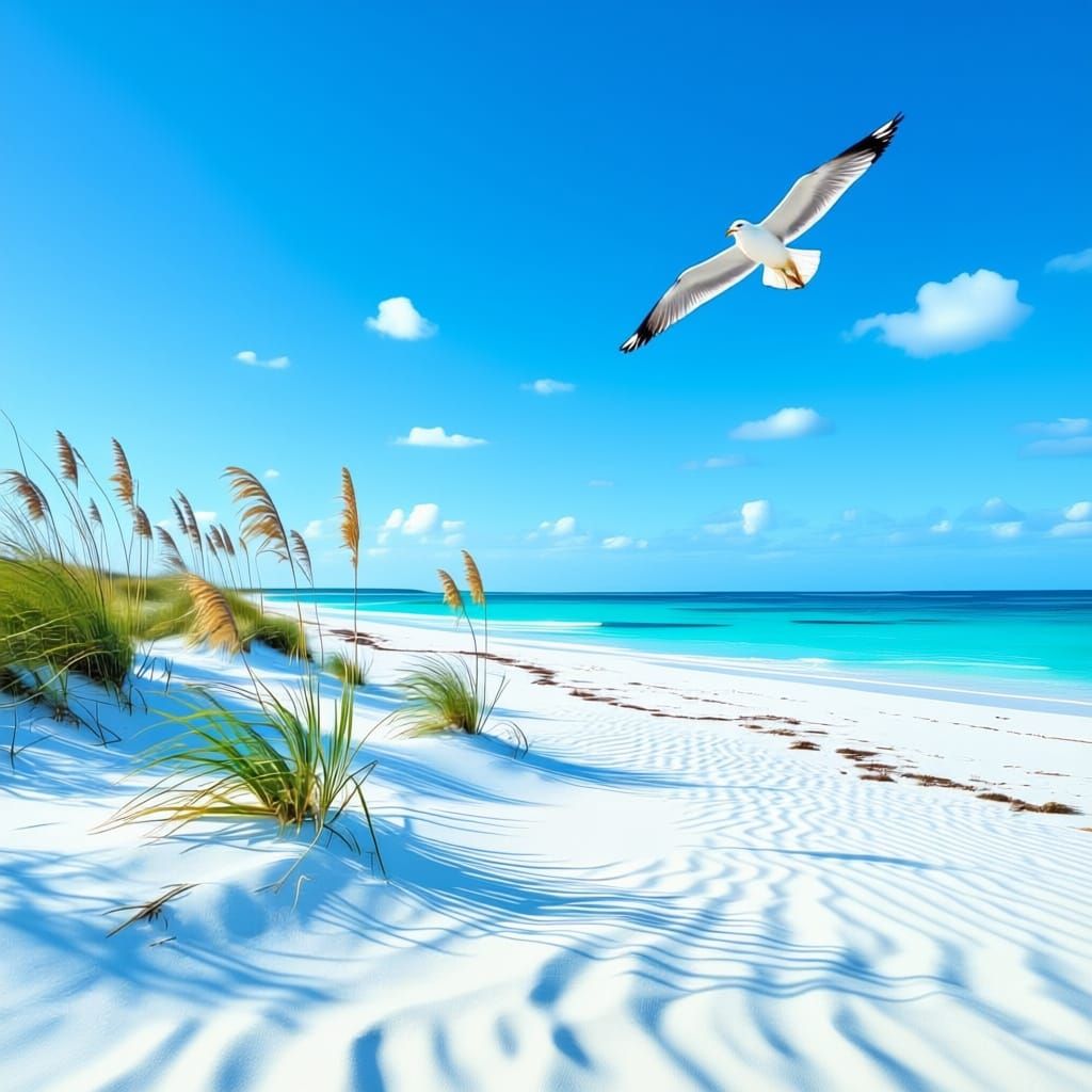 Seagull Over Tropical Dunes and Sea