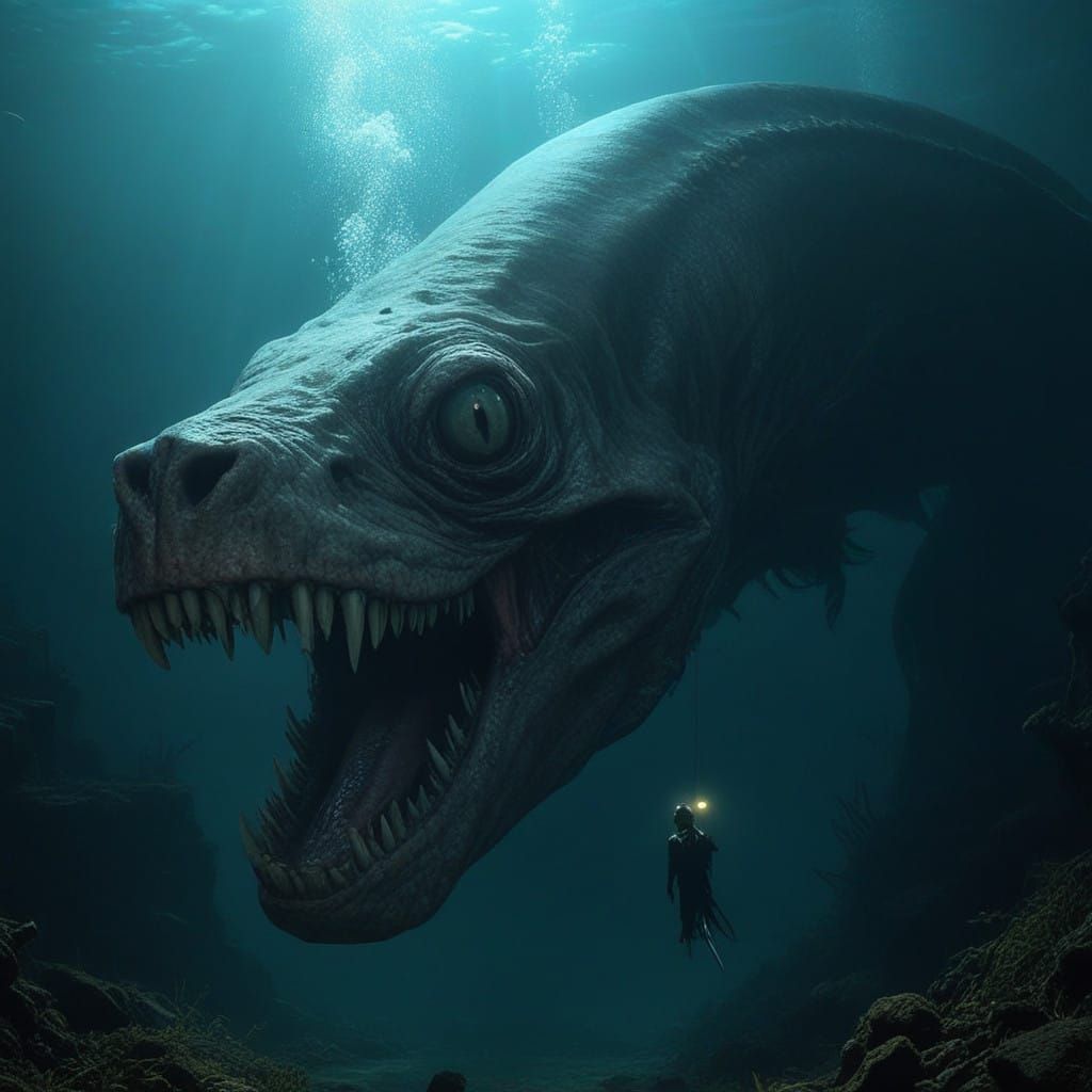Ethereal Horror Figure Underwater in Dark Cinematic Portrait