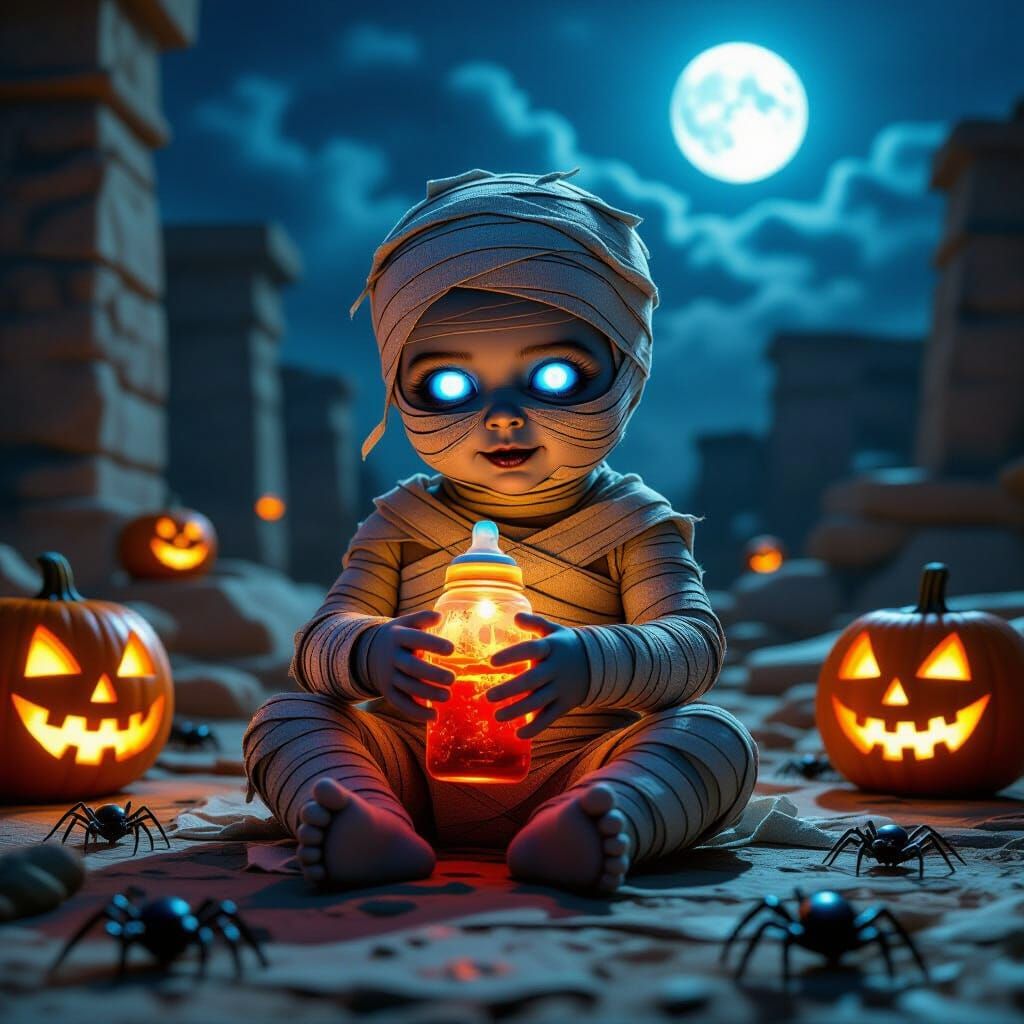Adorable Baby Mummy with Glowing Blue Eyes on Egyptian Ruins