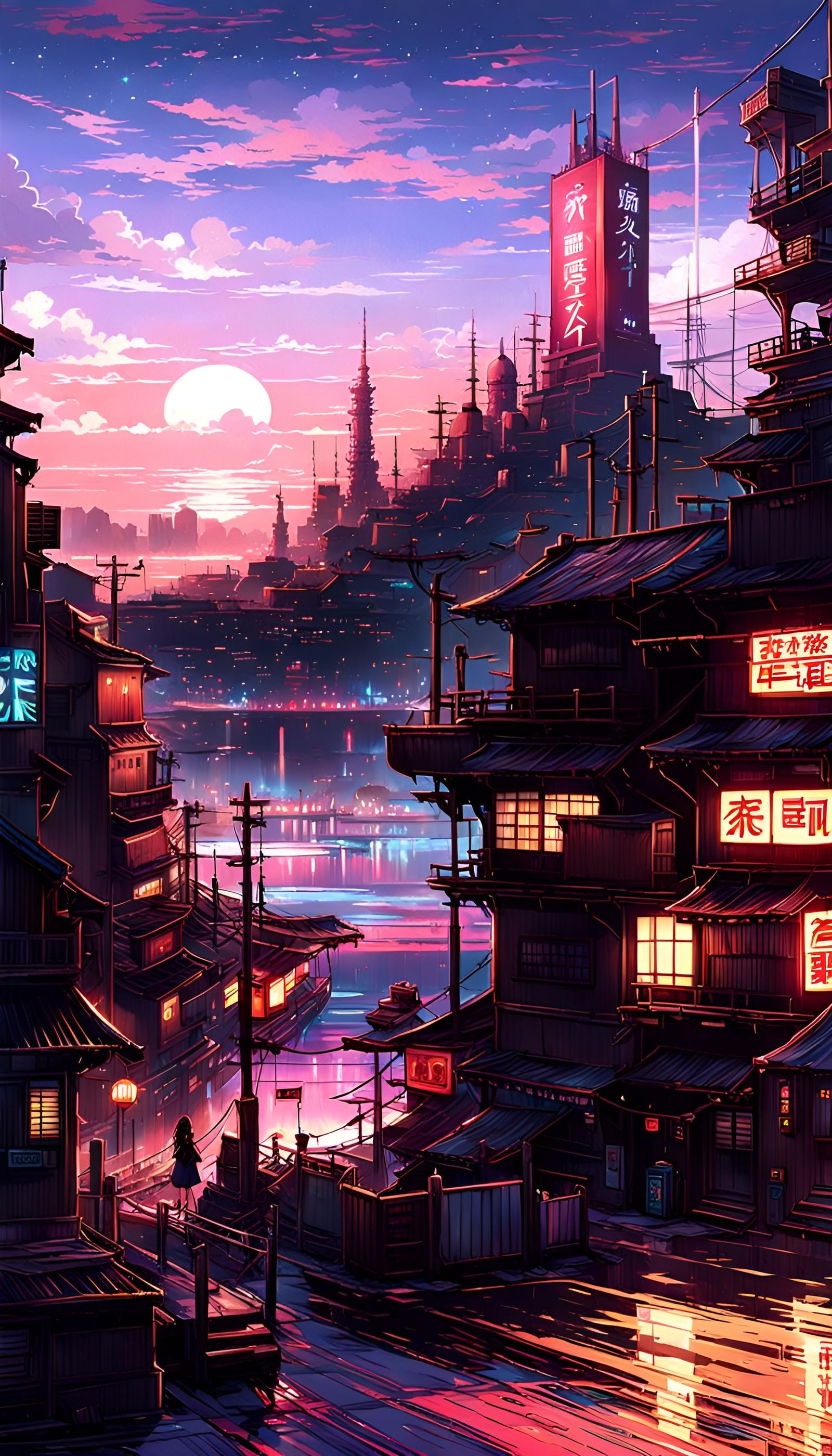 Cyberpunk Shore Town at Dusk in Anime Style
