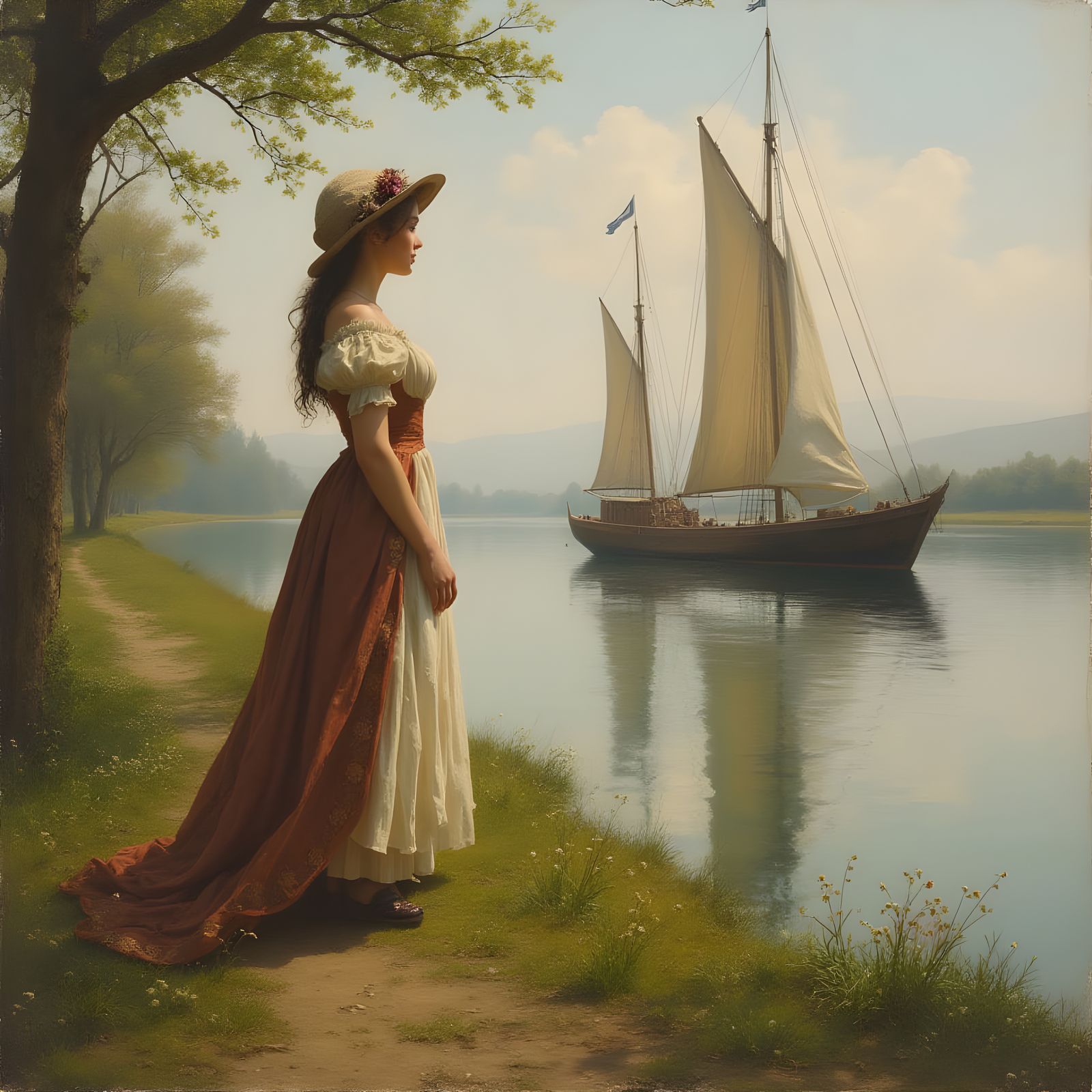Maiden Awaiting Suitor Arrival by Riverside