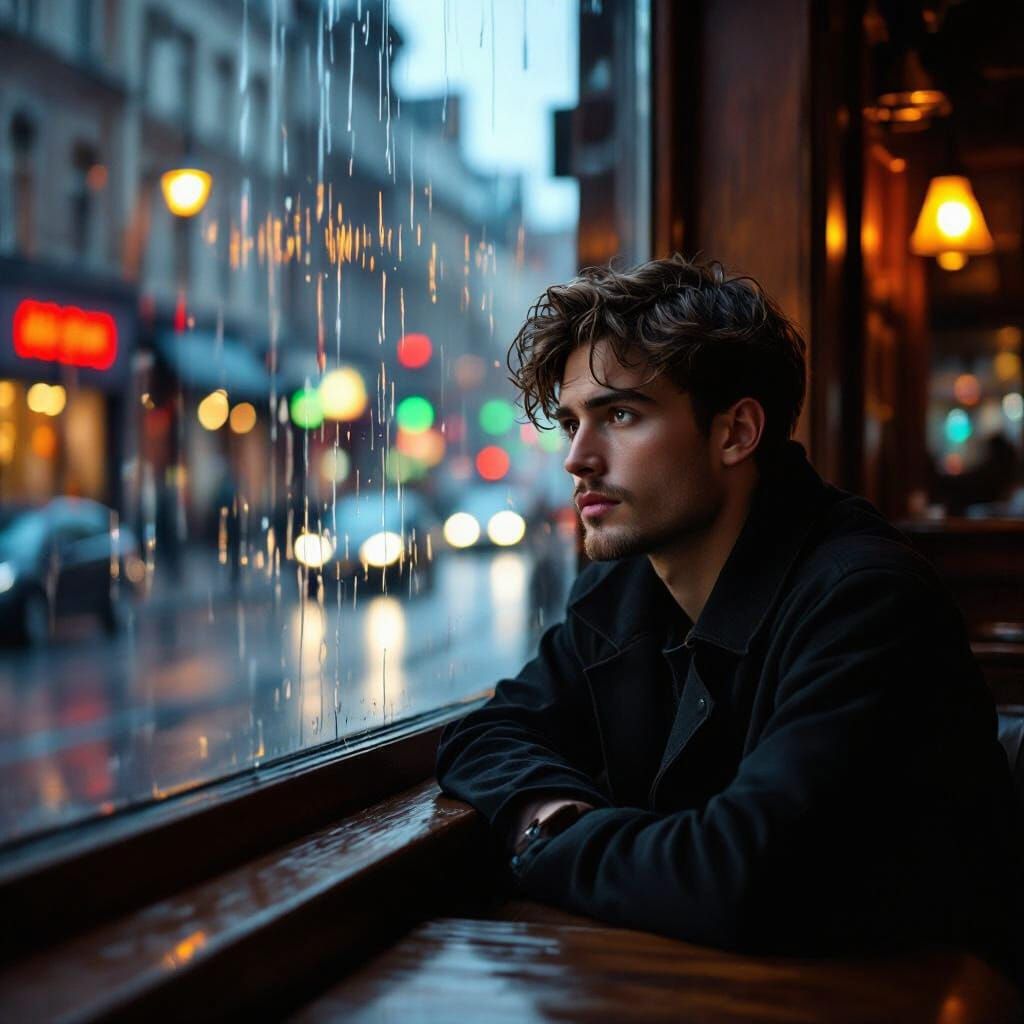 Man Stares Out Cafe Window at Rainy Streetlights