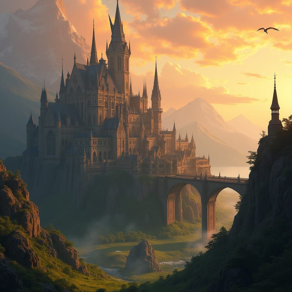 Majestic Gothic City at Sunset, Fantasy Landscape