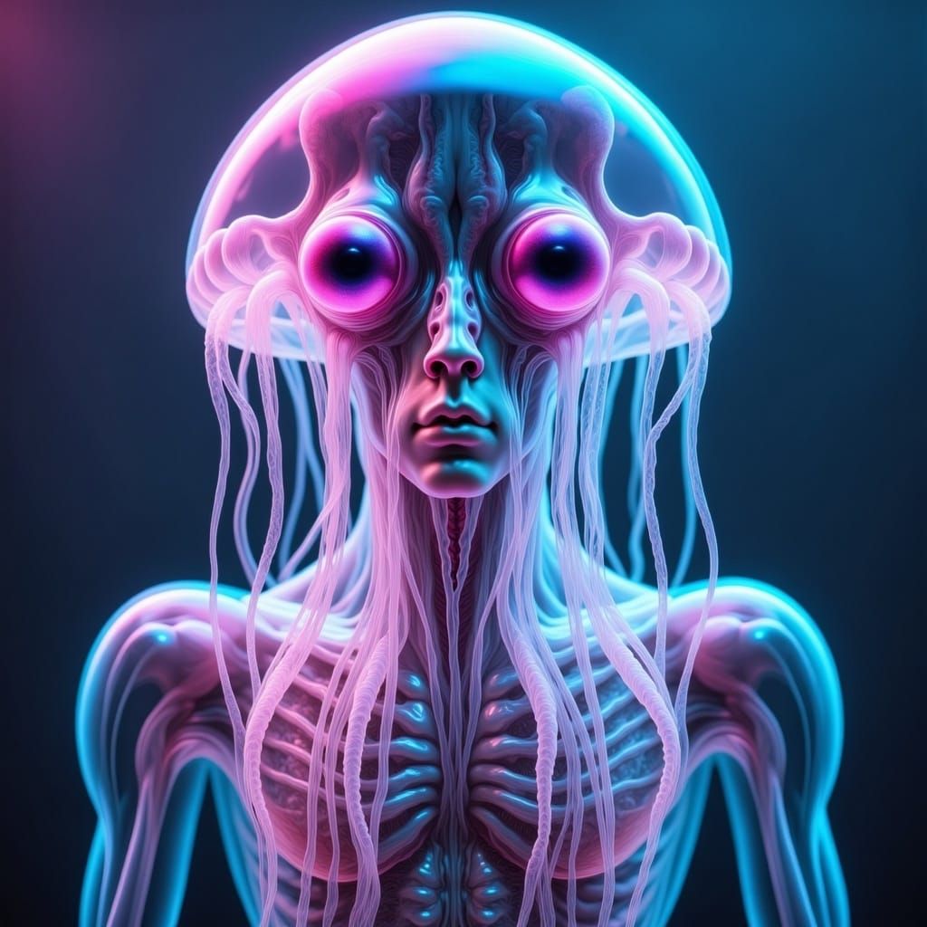 Iridescent Alien Squid Radiating Neon Hues