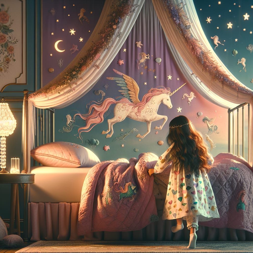 Little Girl Climbing into Unicorn Bed, Fantasy Art