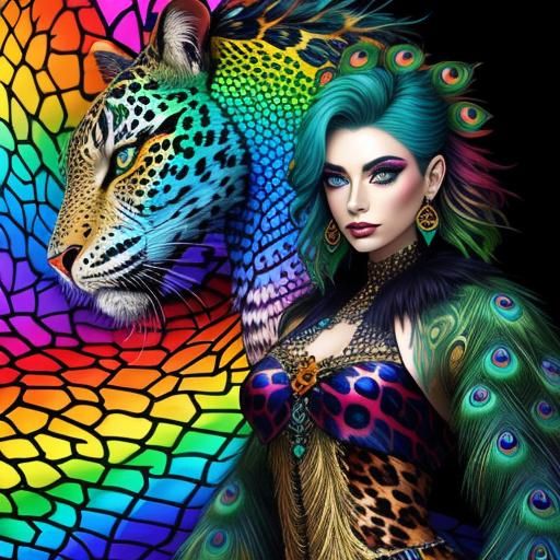 Abstract Portrait: Woman with Dragon Scales and Peacock Hair