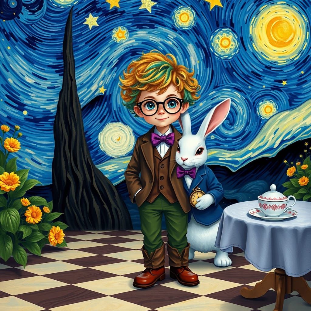 Boy and Rabbit in Starry Night Dreamscape