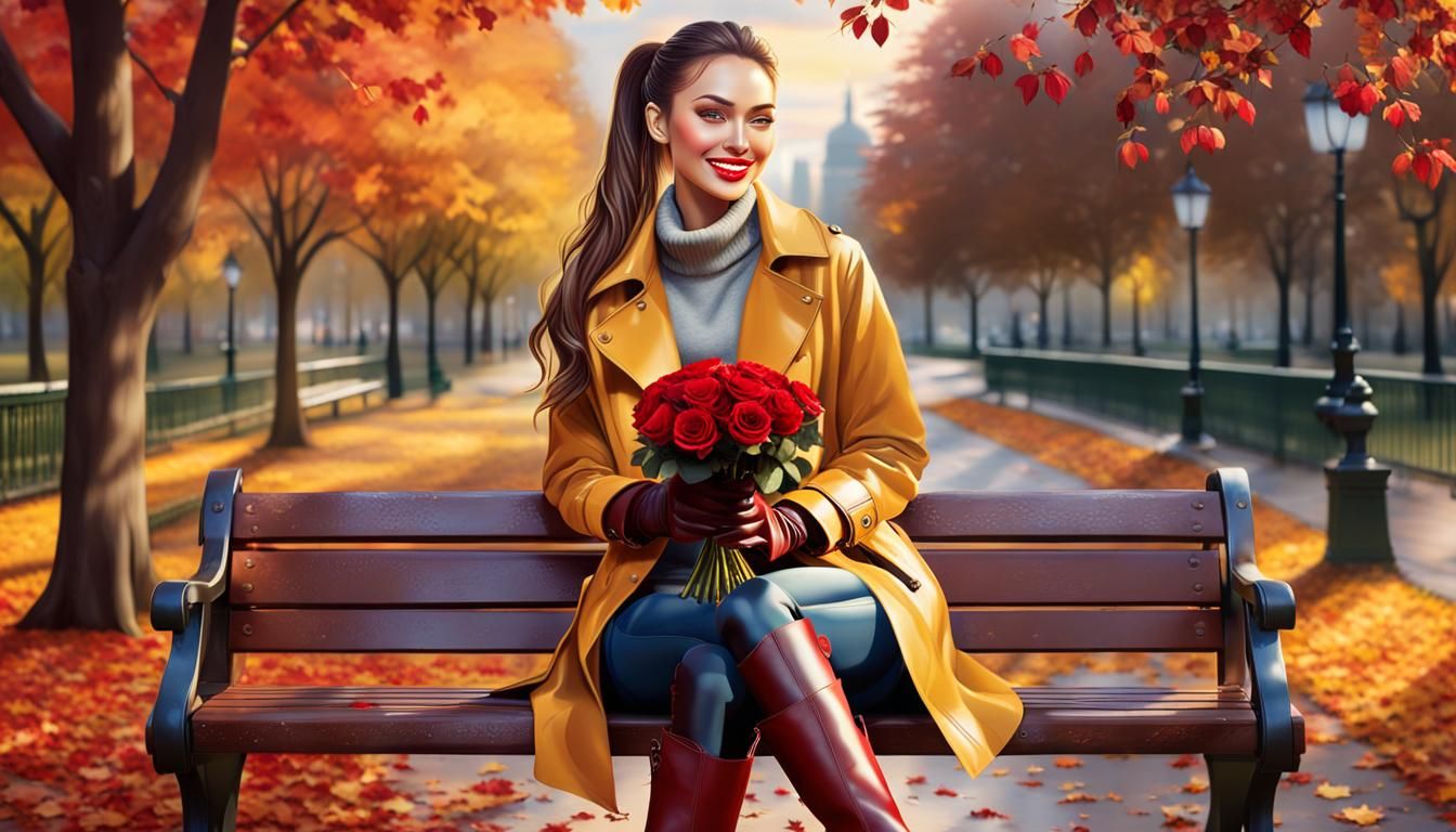 Gorgeous Girl with Roses in Autumn Park: Hyperrealistic Port...