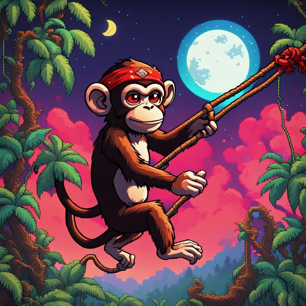 Monkey Swings Through Jungle in 8-Bit Pixel Art