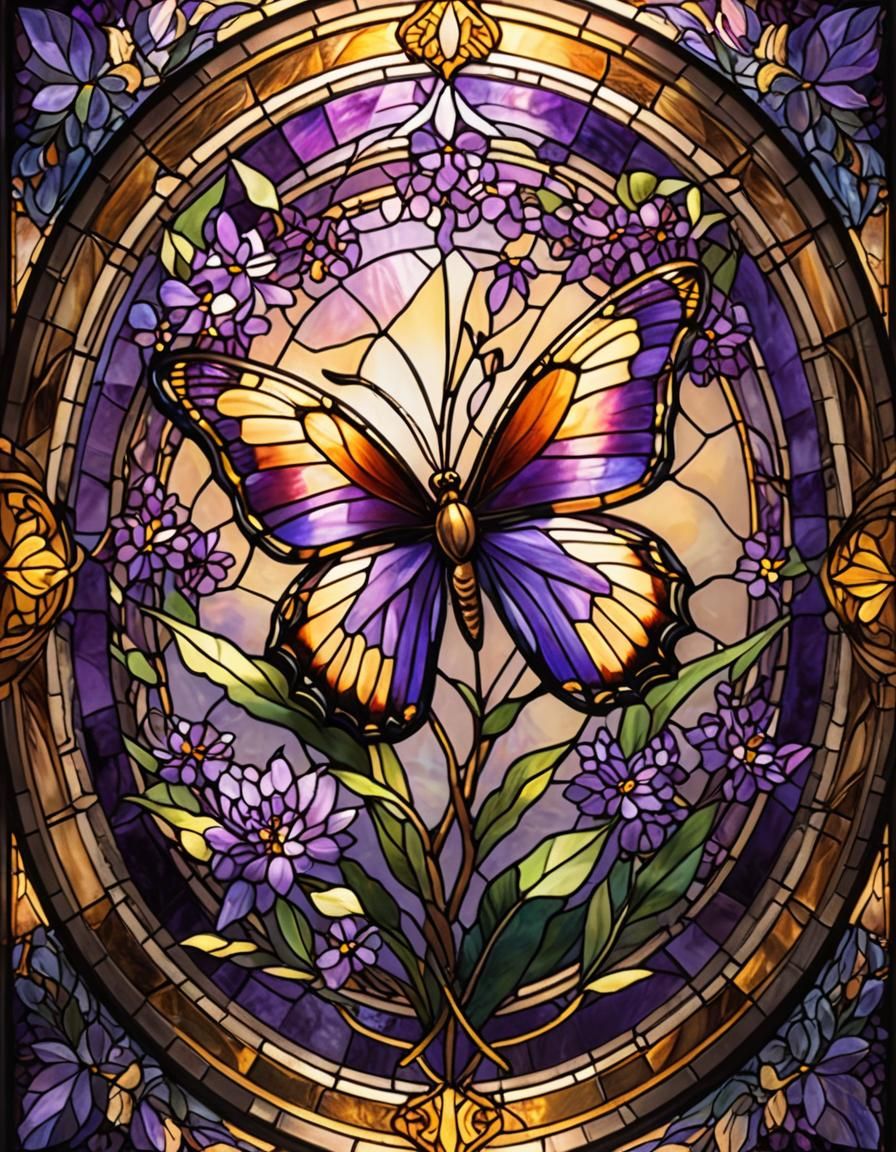 Stained Glass Butterfly Bush Flower Art