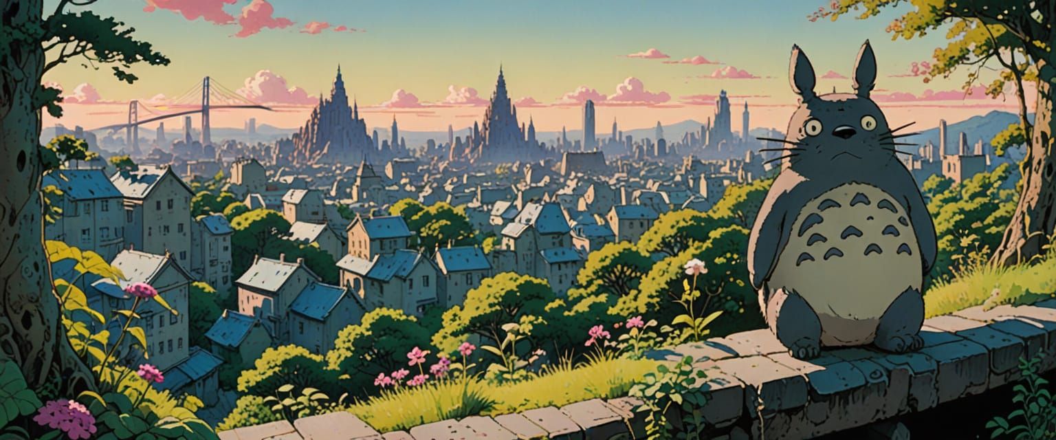 Totoro Overlooking City Ruins in Comic Book Style