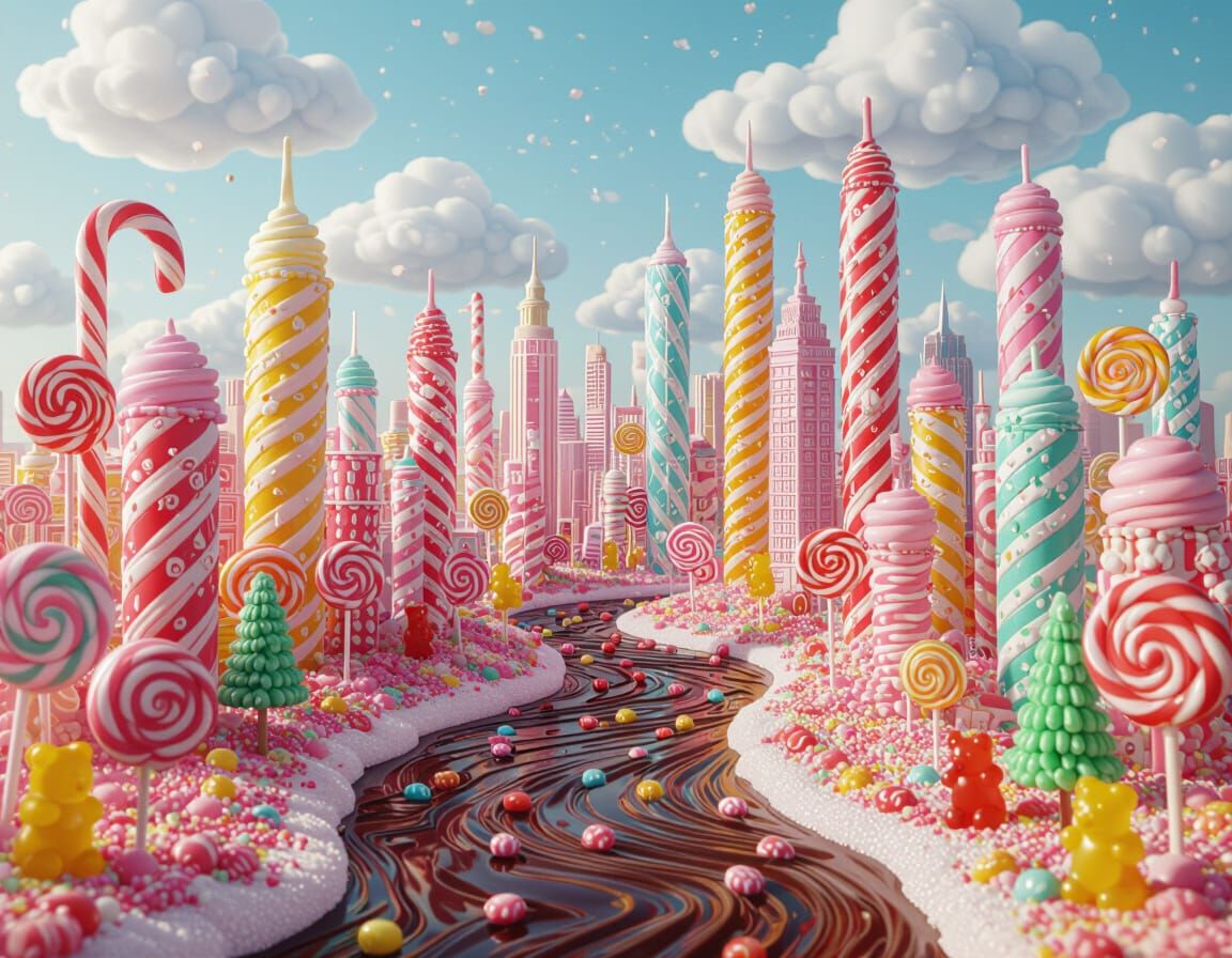 Whimsical Candy Cityscape with Chocolate River
