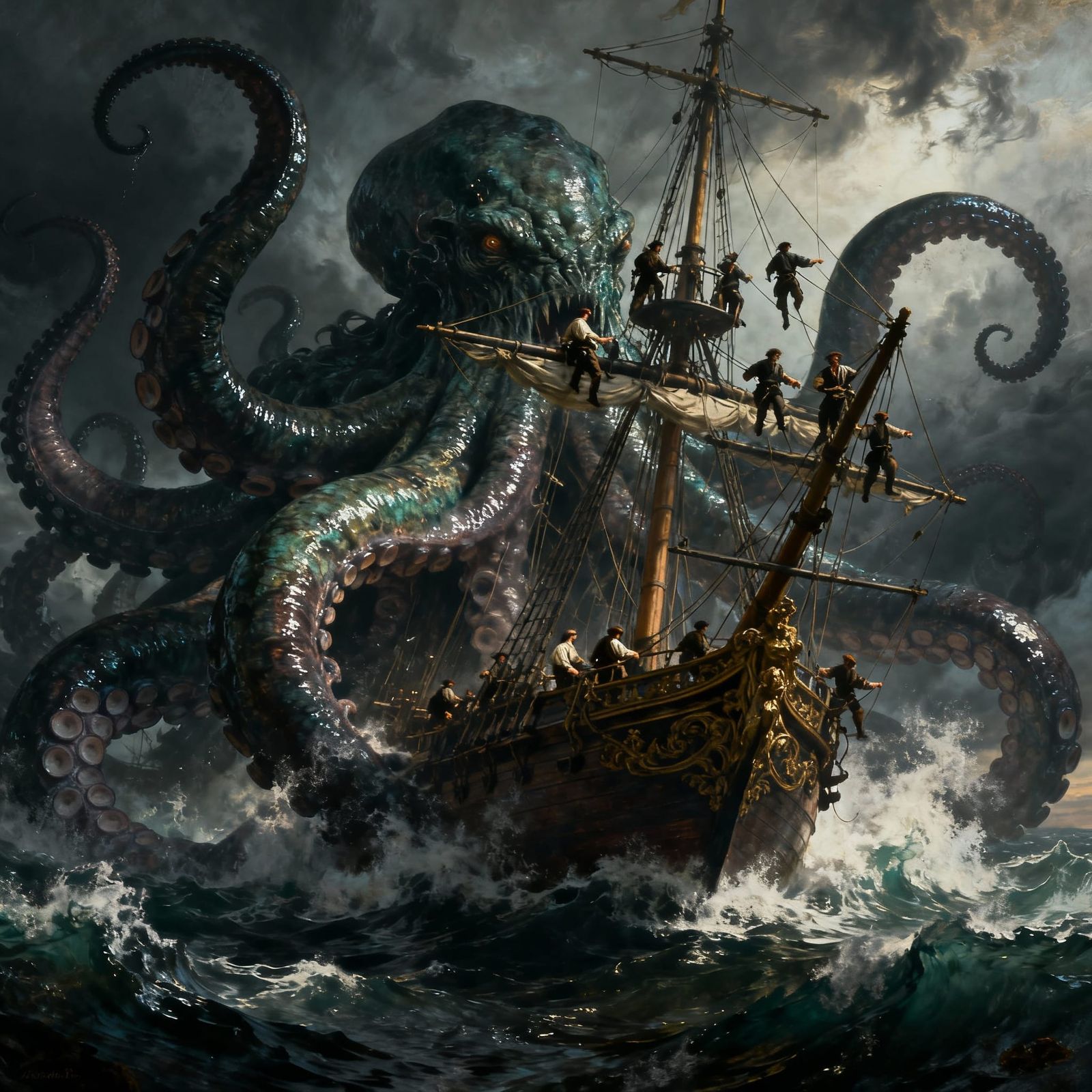Colossal Kraken Attacks Galleon in Stormy Sea