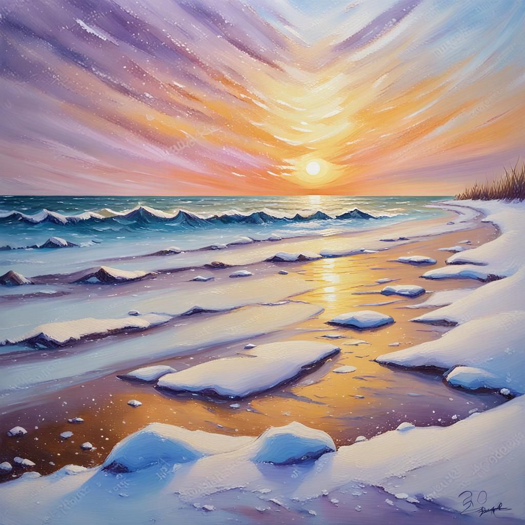 Impressionist Beach Scene at Sunset