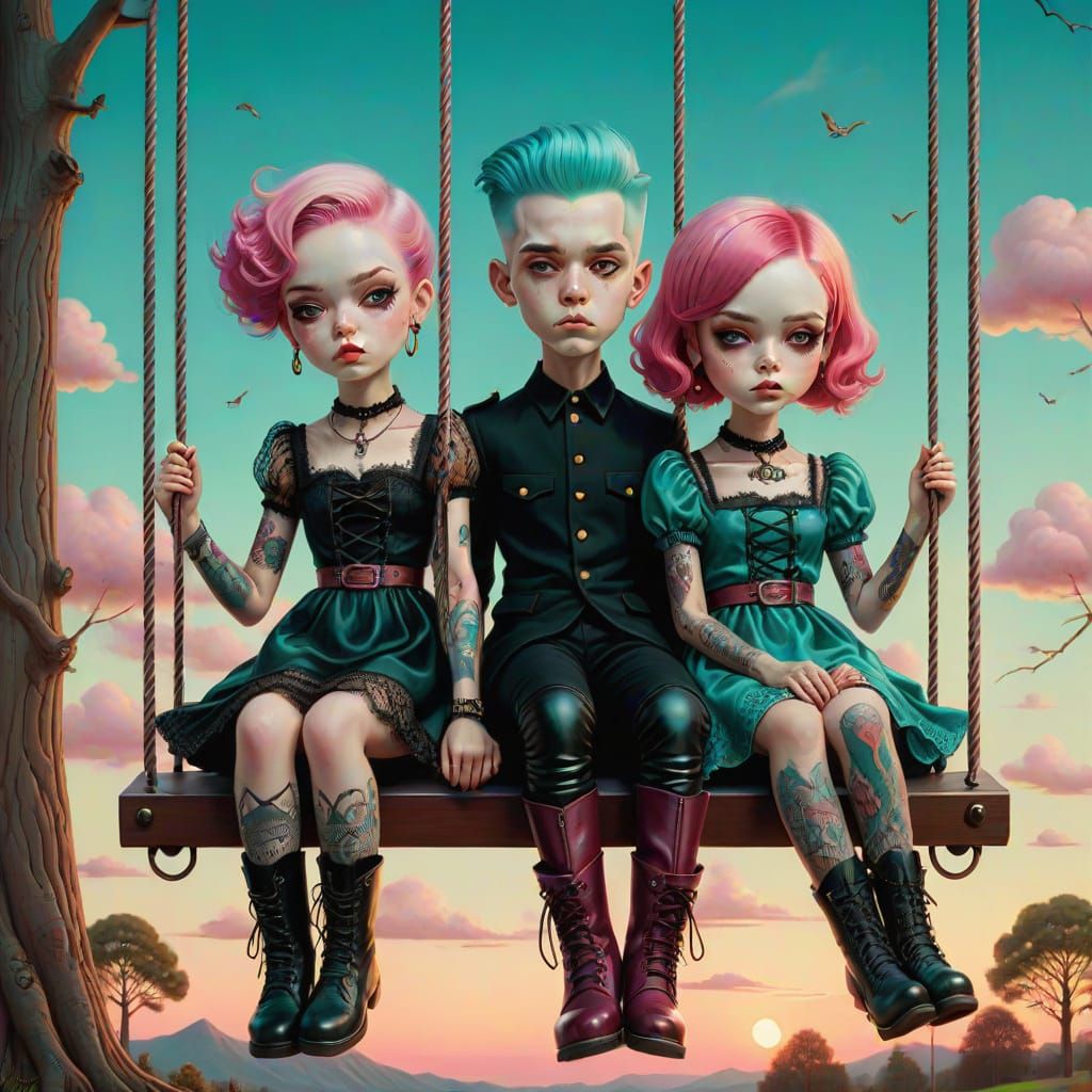 Ethereal Lowbrow Pop Art Portrait of Youth on Swings