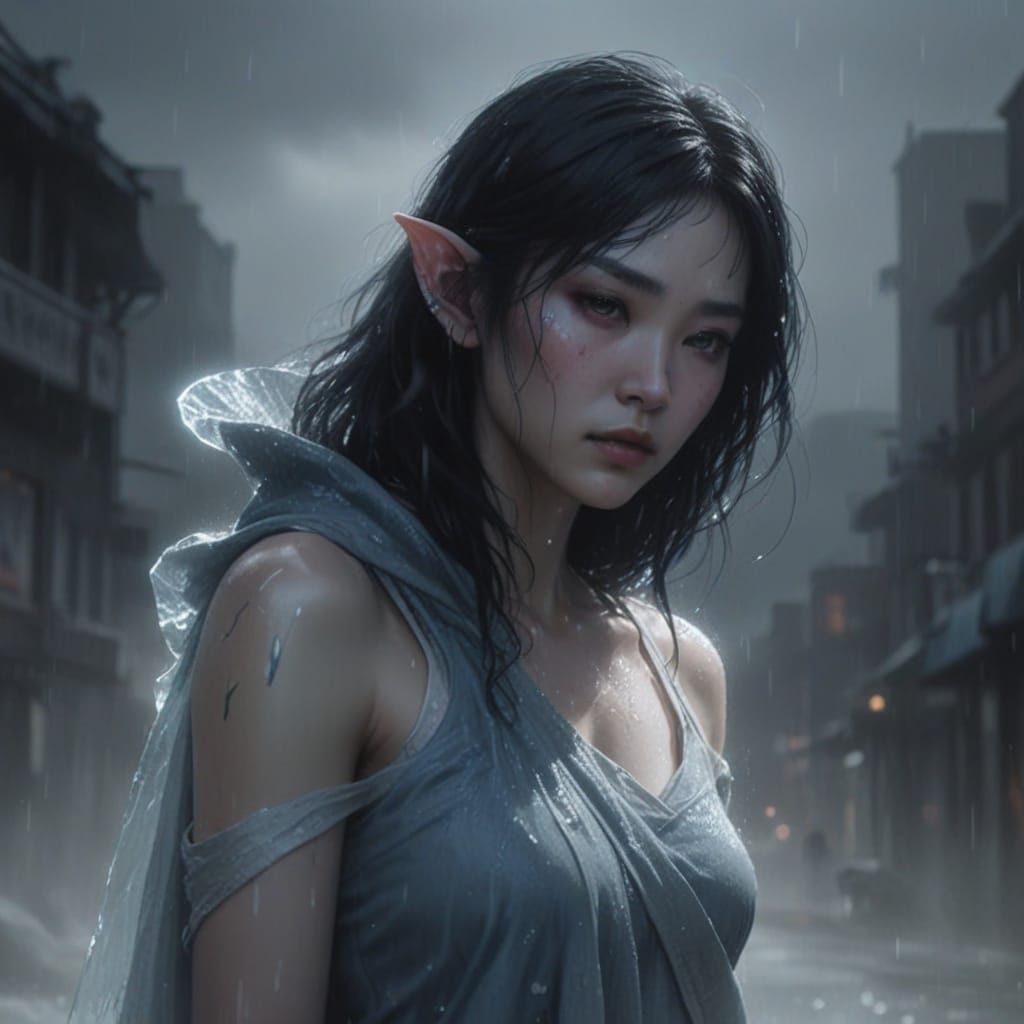 Blue-Skinned Elf in Rainy City, as Digital Painting