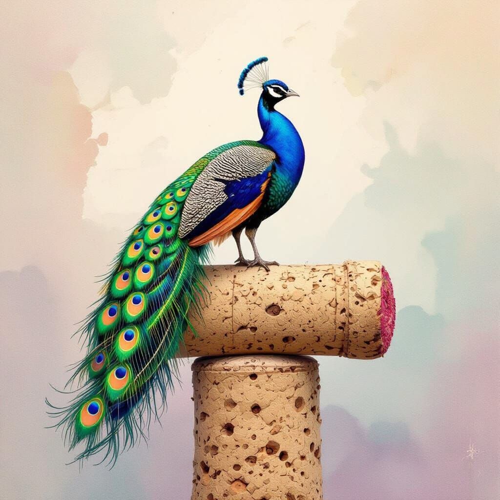 Peacock on Wine Cork in Watercolor Style