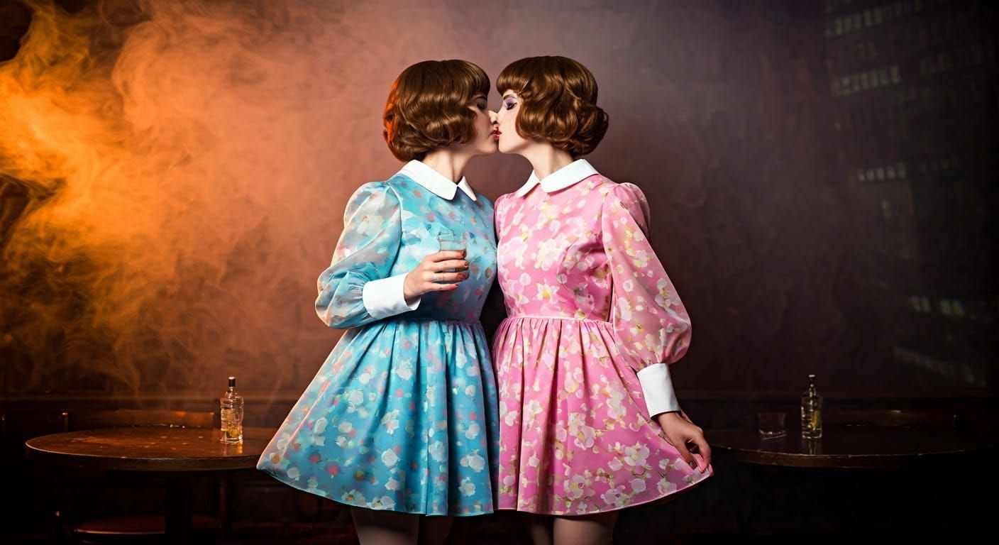 Two Women Kissing in 1960s Cafe