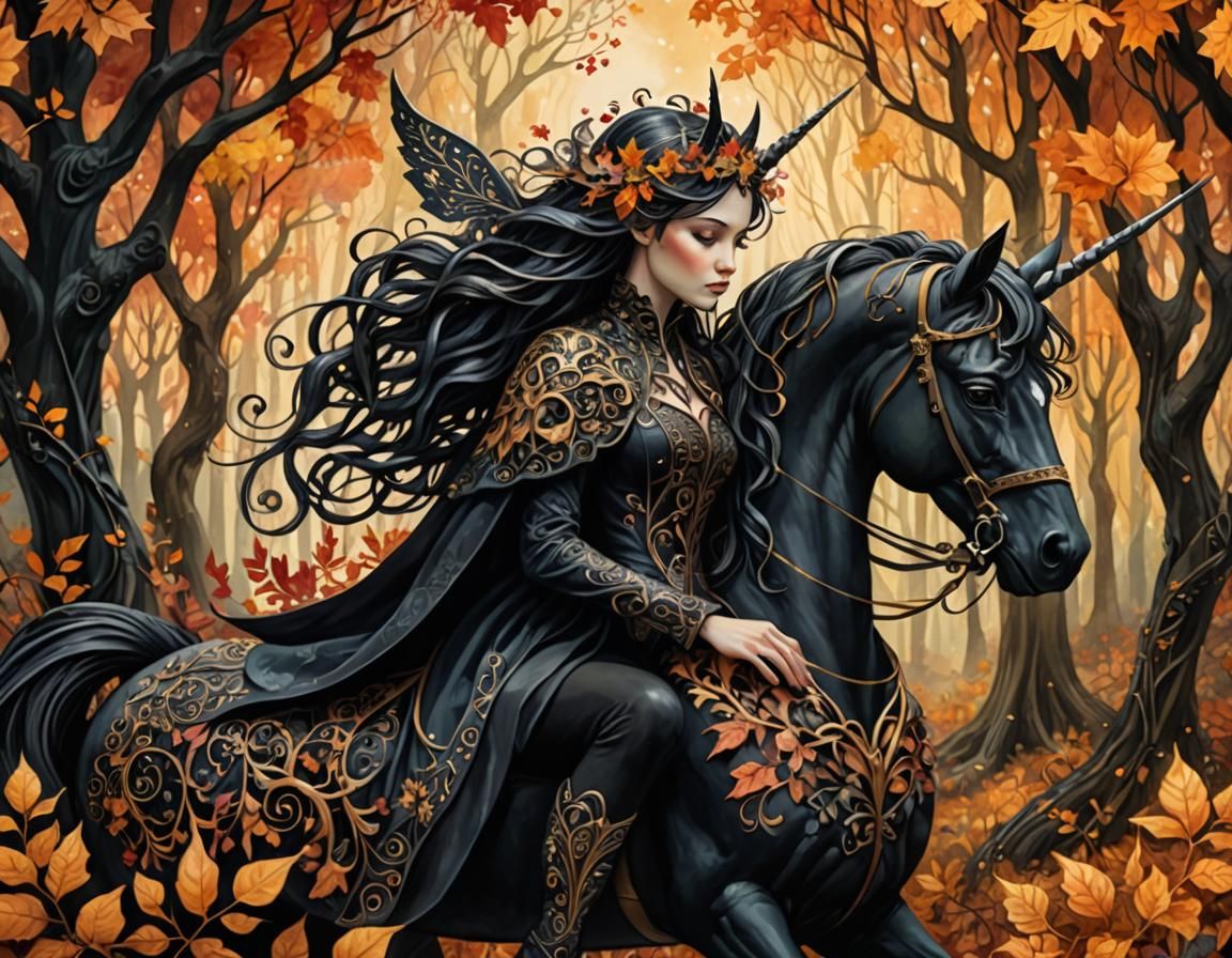 Dark Fairy on Black Unicorn in Autumn Forest