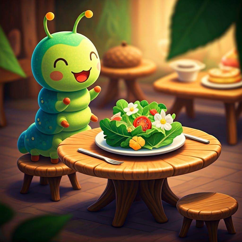 Delightful Caterpillar Enjoying Salad, Animal Crossing Style