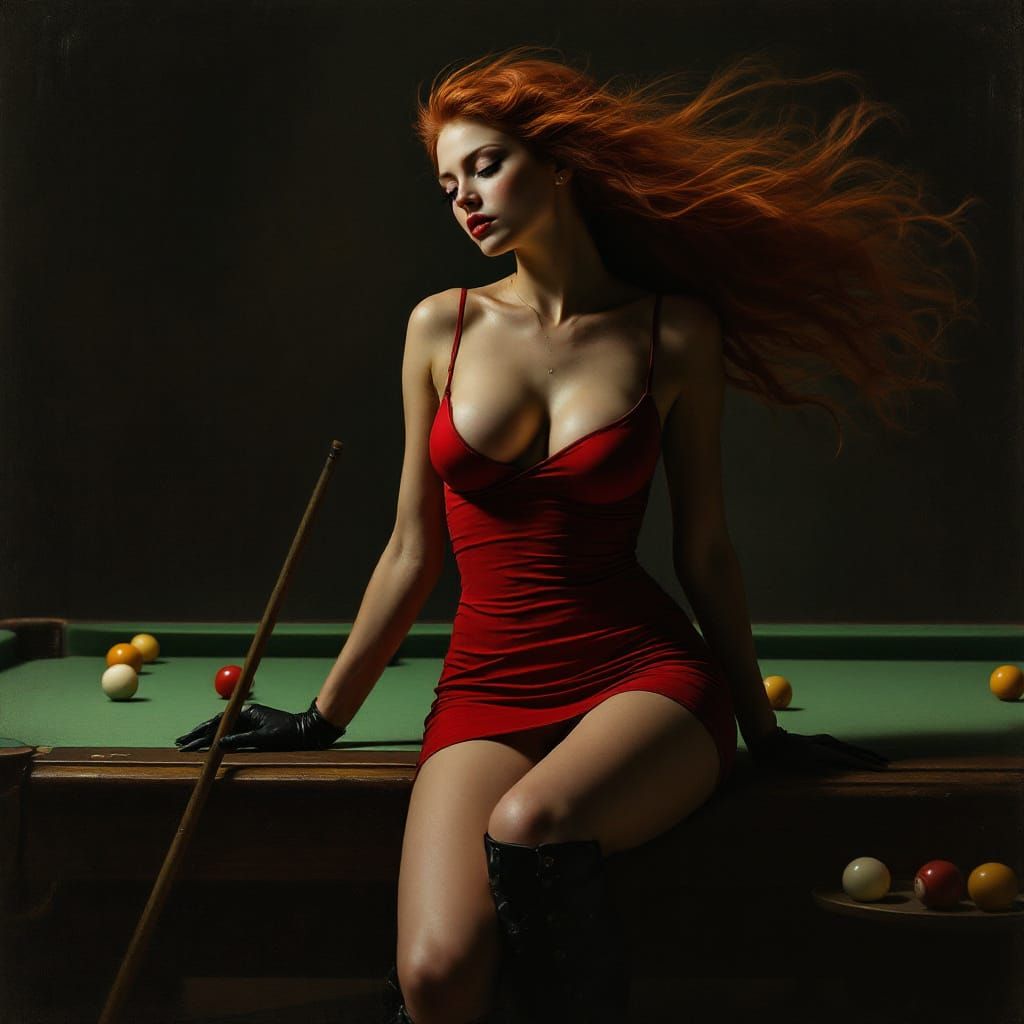 Melancholic Woman with Red Hair in Dim Pool Hall