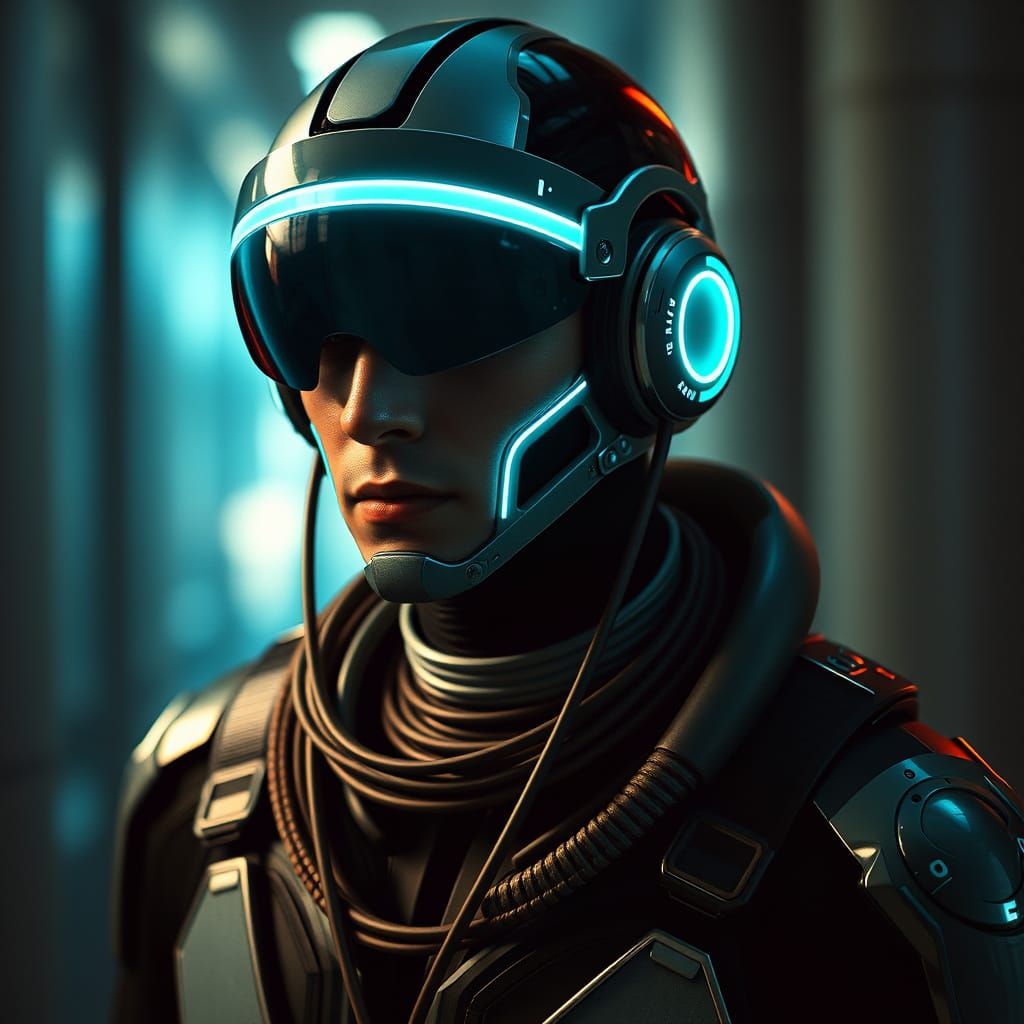 Futuristic Man with Turquoise Jewel in Sci-Fi Style