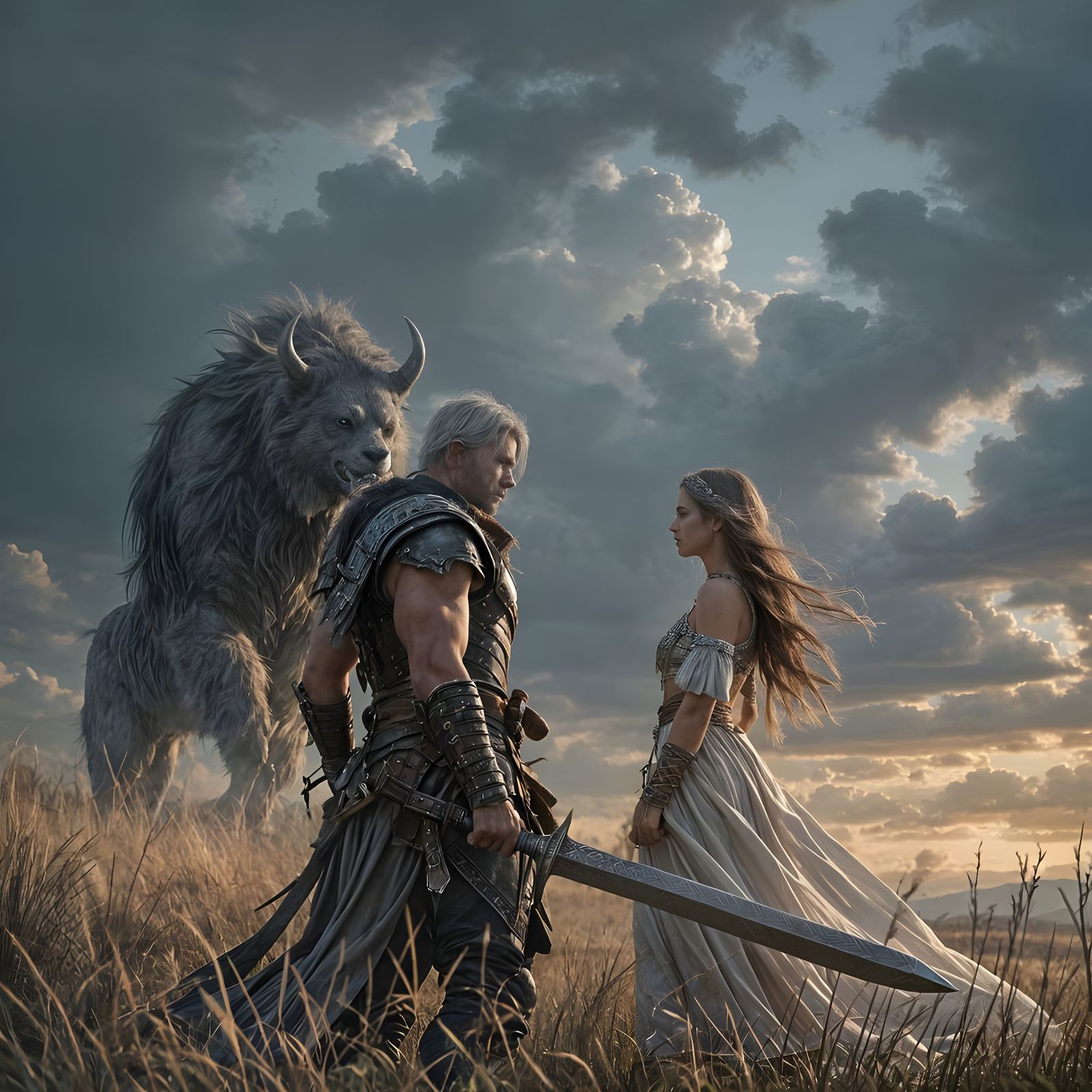 Barbarian Warrior Protects Maiden from Beast in Hyperdetaile...