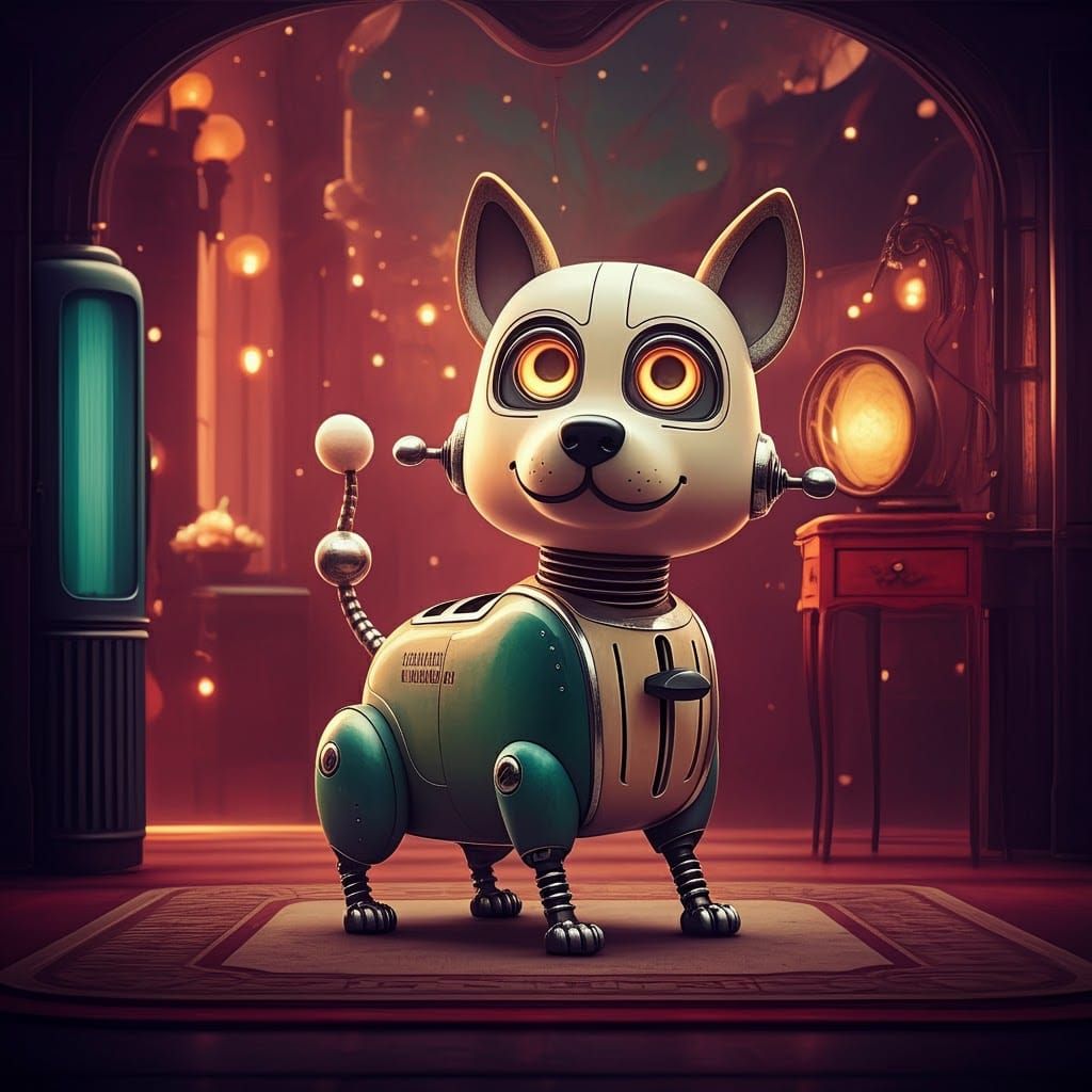 Retro-Futuristic Robot Dog in Dreamlike Landscape