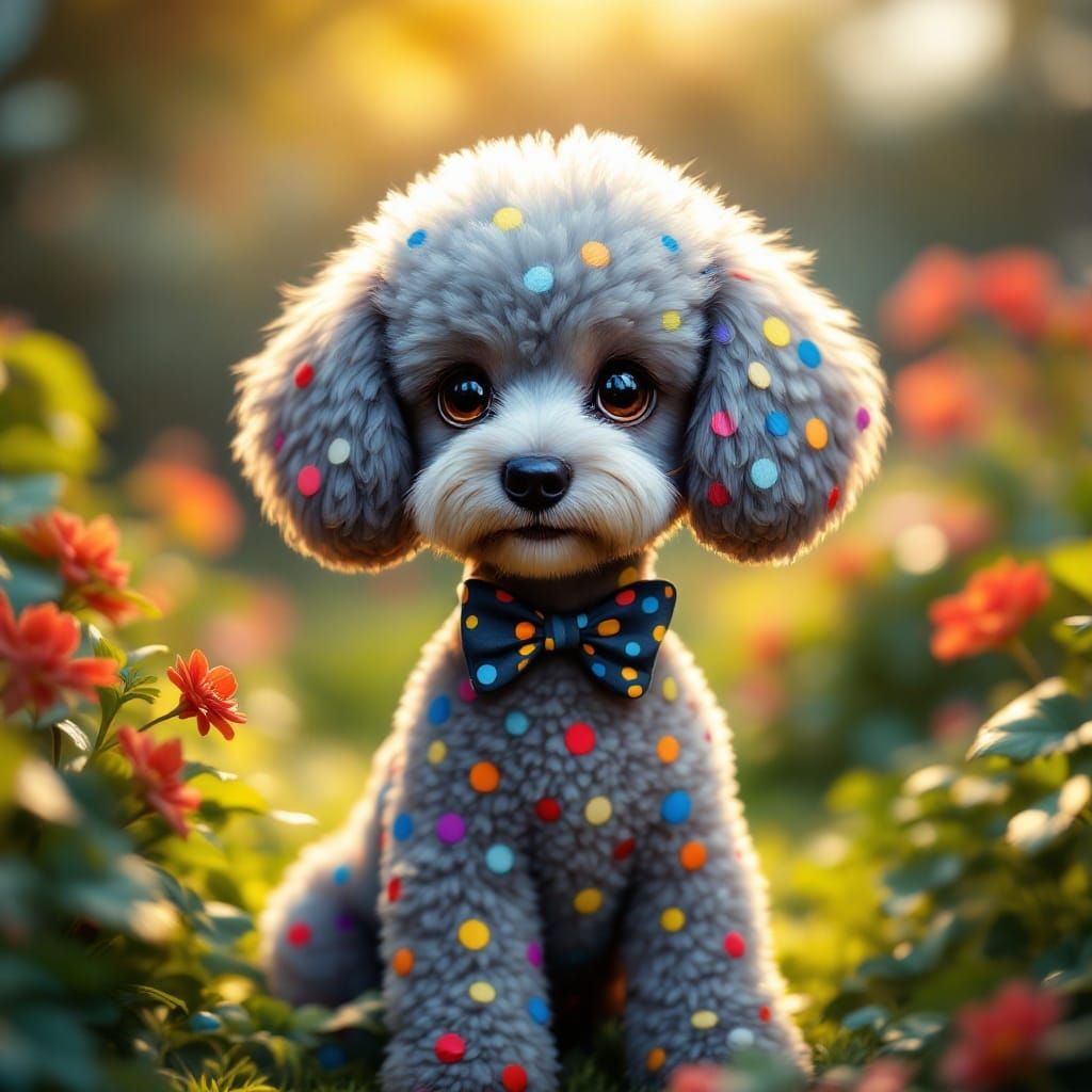 Polka Dot Poodle in Lush Garden, Oil Painting