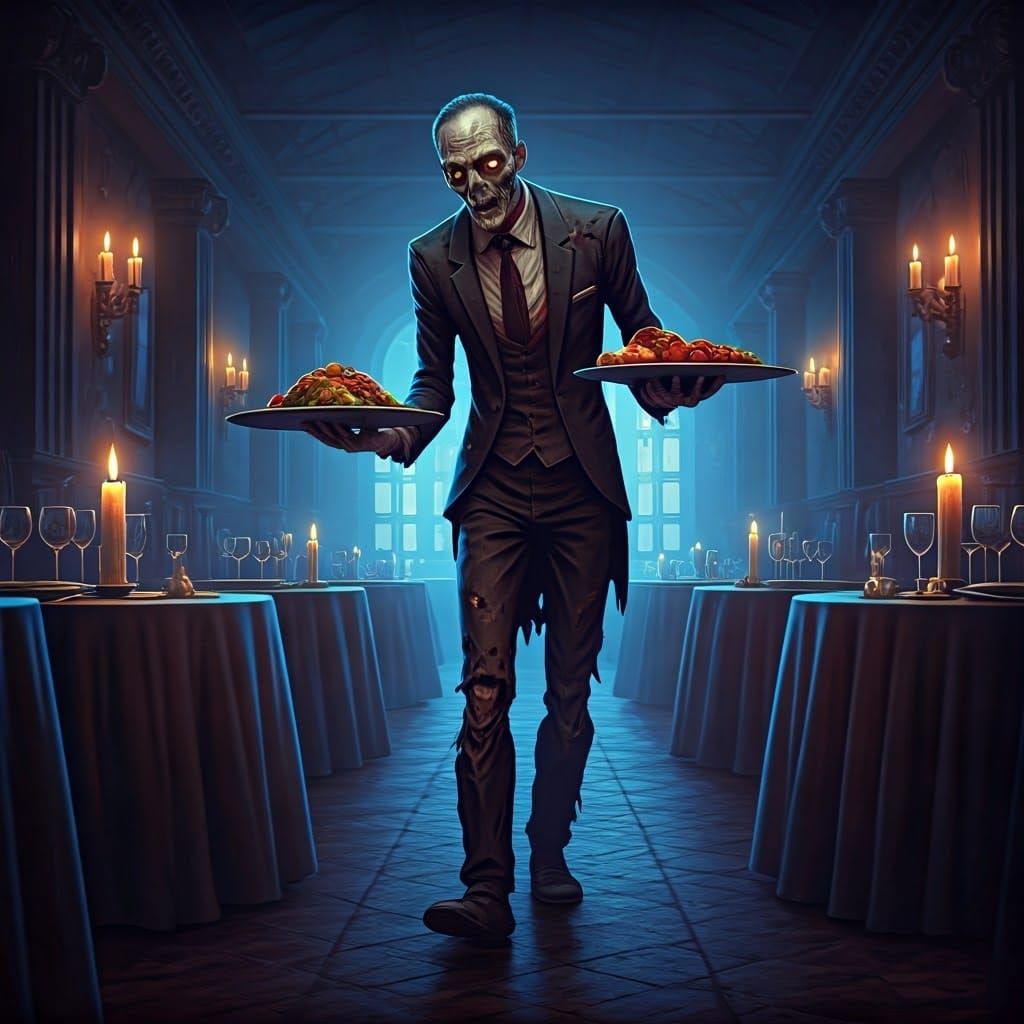 Zombie Waiter in Restaurant: 3D Digital Art