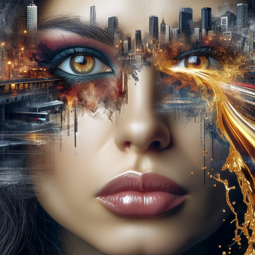 Surreal Woman's Face Reflecting Urban Landscape