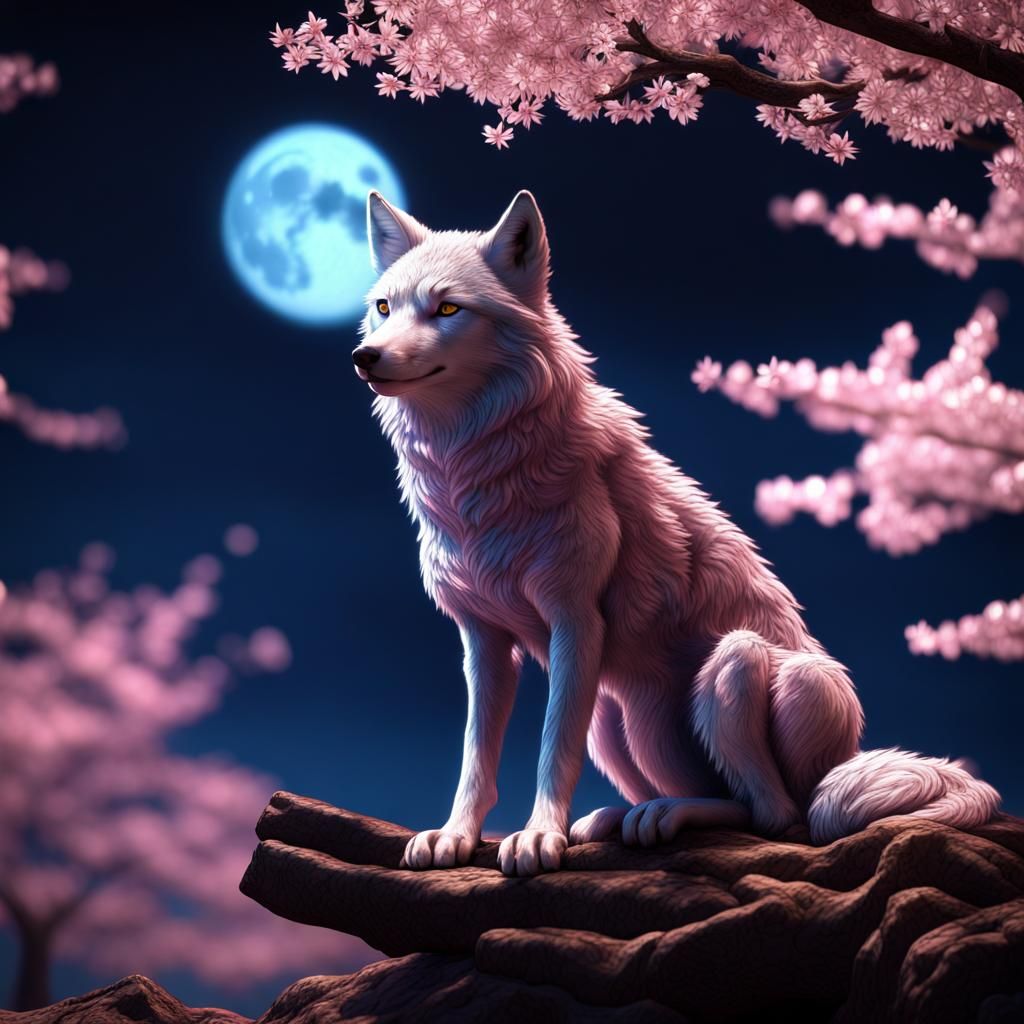 Wolf and Sakura Tree in Photorealistic CGI Render