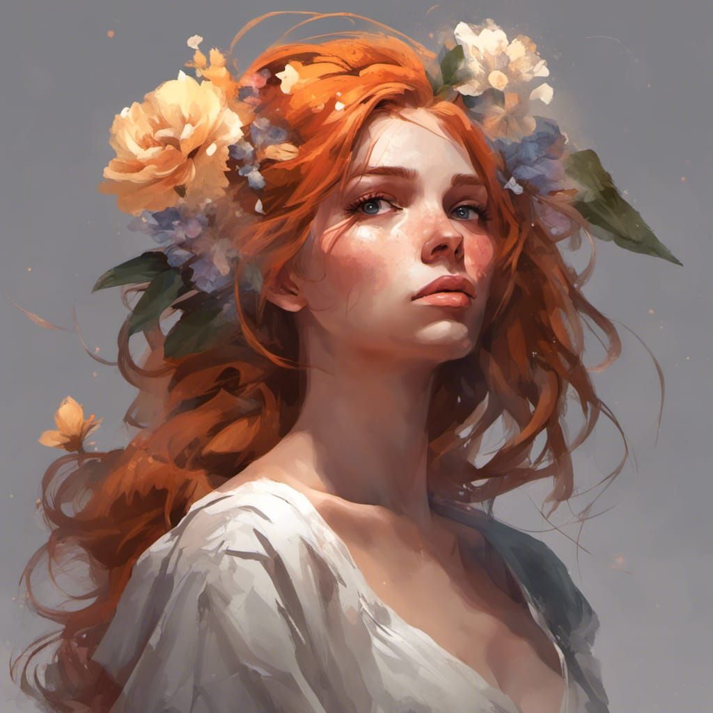 Adorable ginger Fox-girl VIXEN, flowers in bloom.