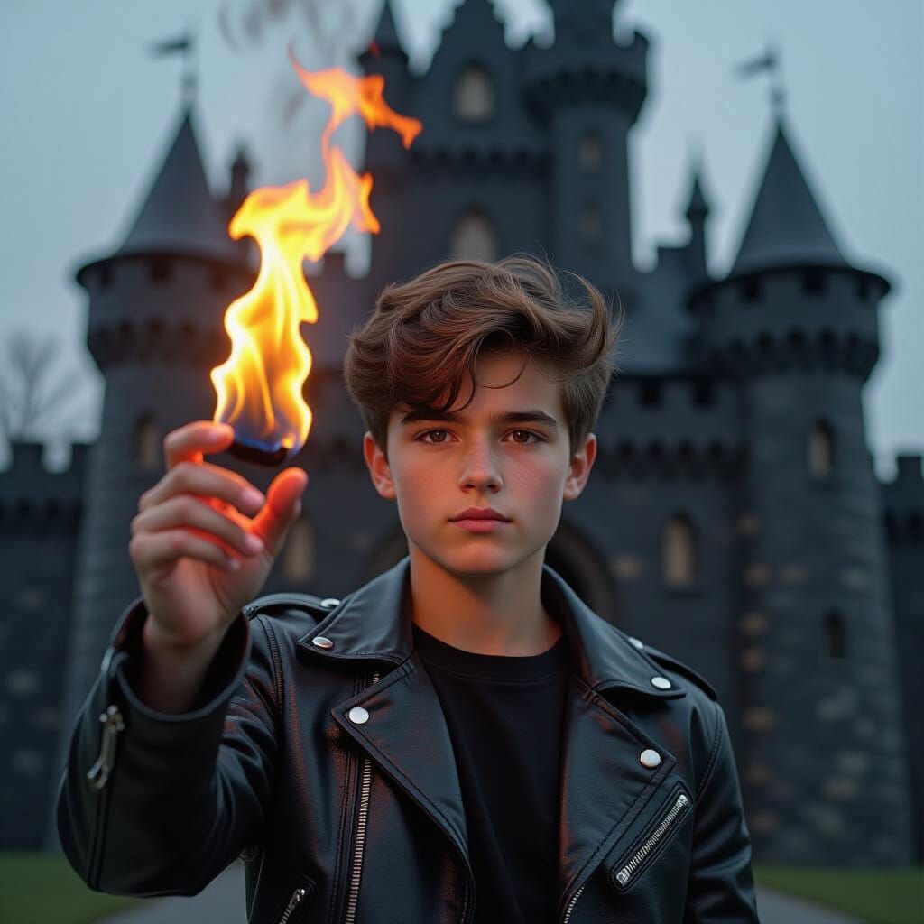Teenage Pyromancer in Hyperrealistic Castle Scene