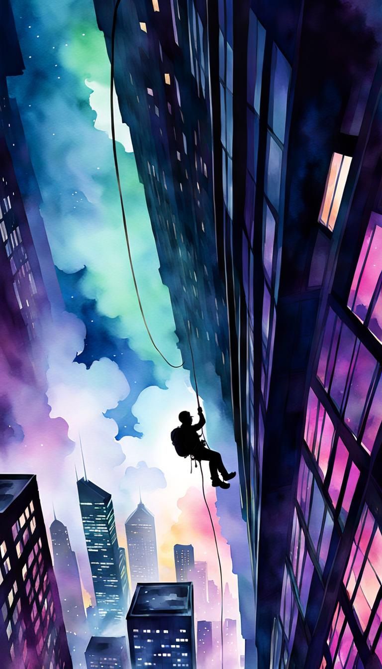 Silhouette Rappels Skyscraper in Digital Watercolor
