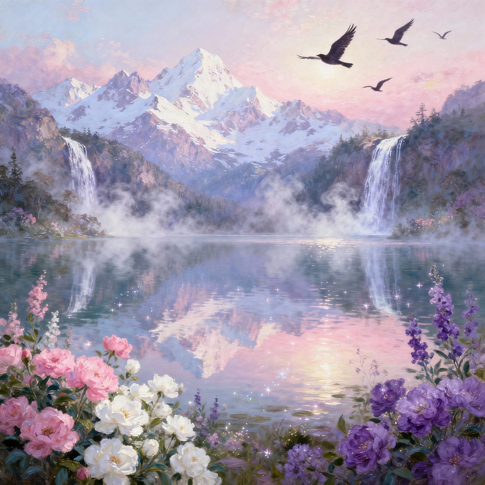 Enchanted Landscape Oil Painting with Pastel Skies