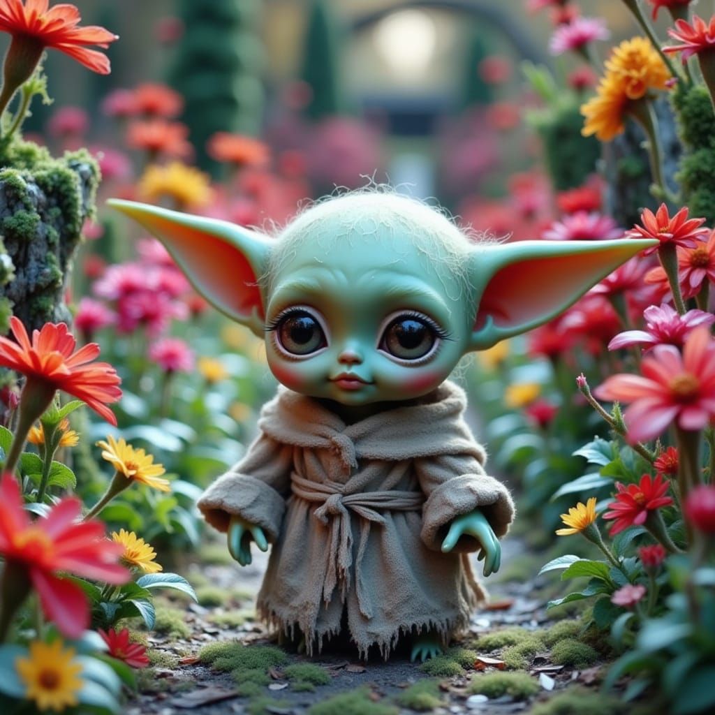 Baby Yoda in Garden, Hyper-Detailed Digital Art