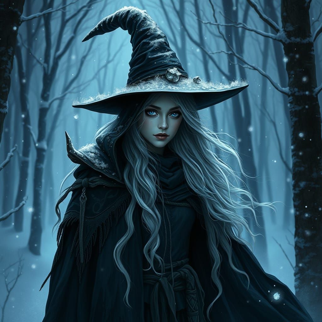 Mystical Winter Witch in Snowy Forest