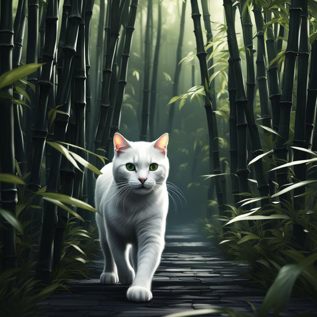 White Cat in Black Bamboo Forest
