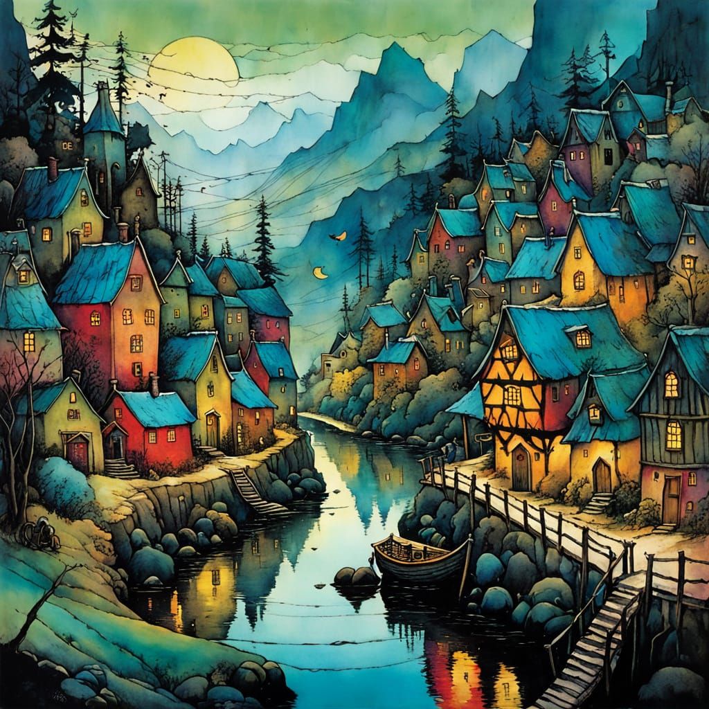 Whimsical Village in Vibrant Colors
