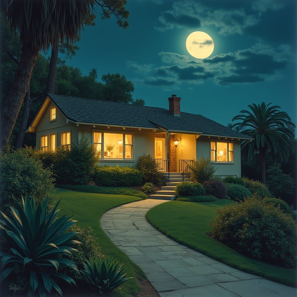 Hollywood Bungalow at Night in Americana Style